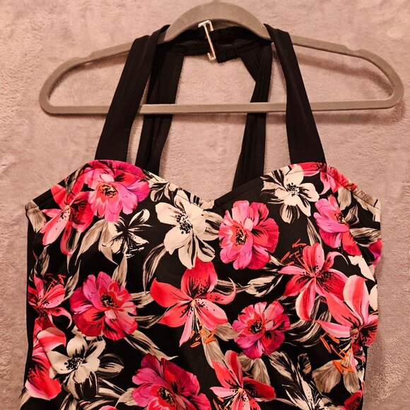 Croft & Barrow One Piece Swimsuit Womens 16 Floral Skirted gather Bright Pool - Picture 3 of 16